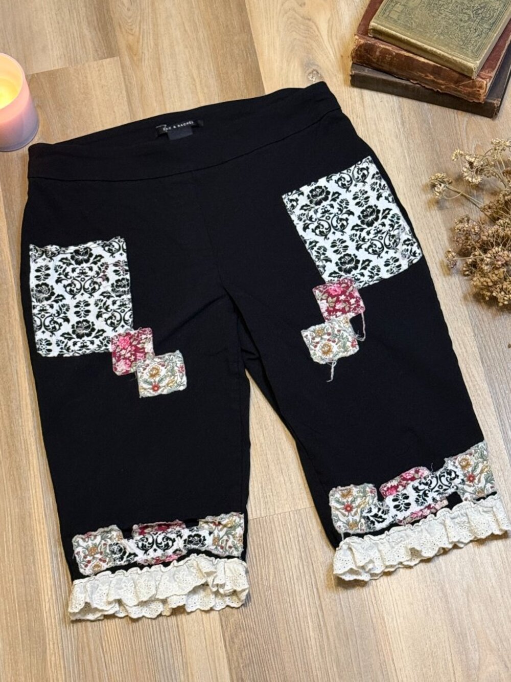 Upcycled Cottagecore Black Bermuda Shorts with Pockets, Eyelet Trim and Patches